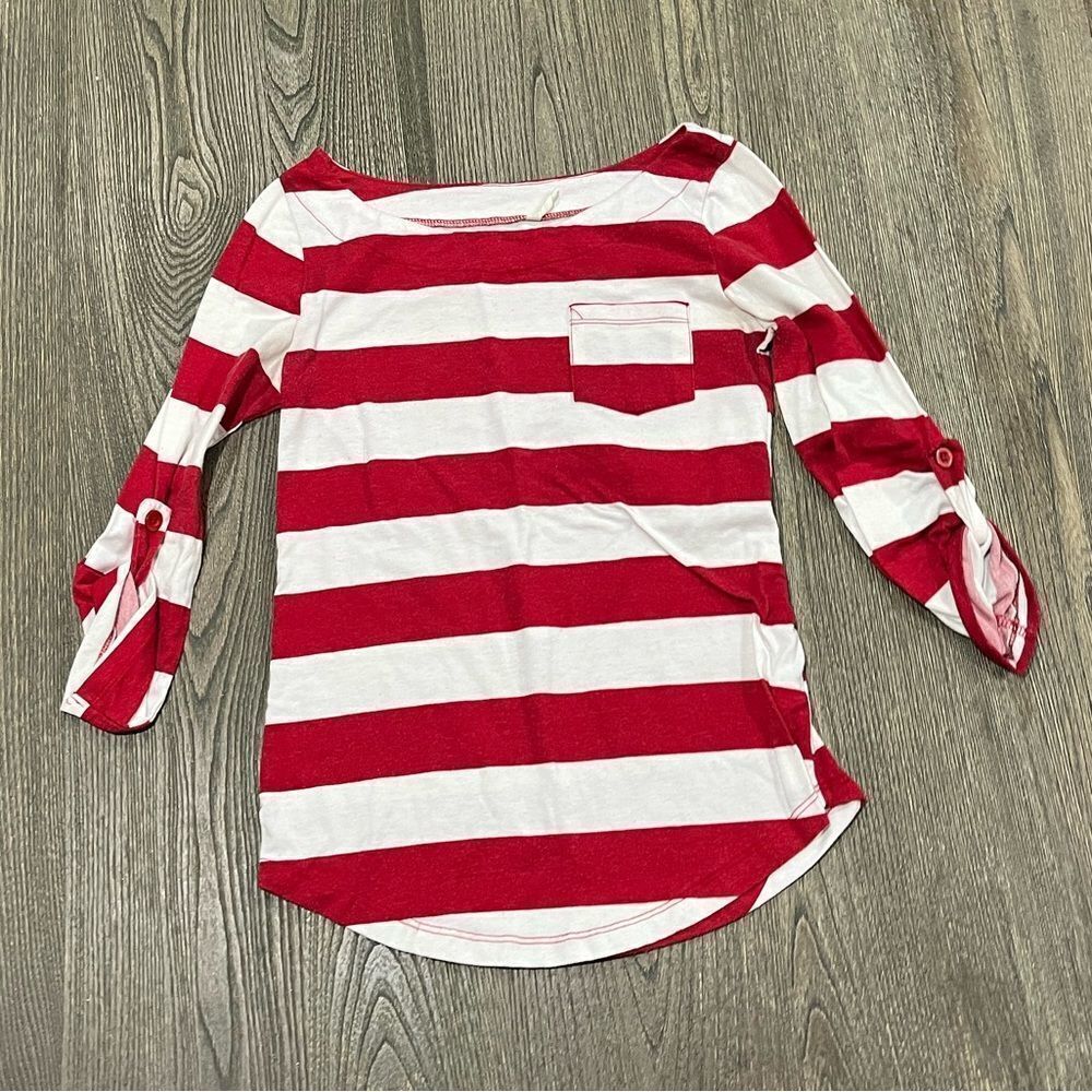 DNA Couture Tee Shirt Pocket Tab Sleeves Boat Neck Pullover Striped Red White S